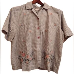 button down short sleeve shirt blue white collared Embroidered Checkered Shirt